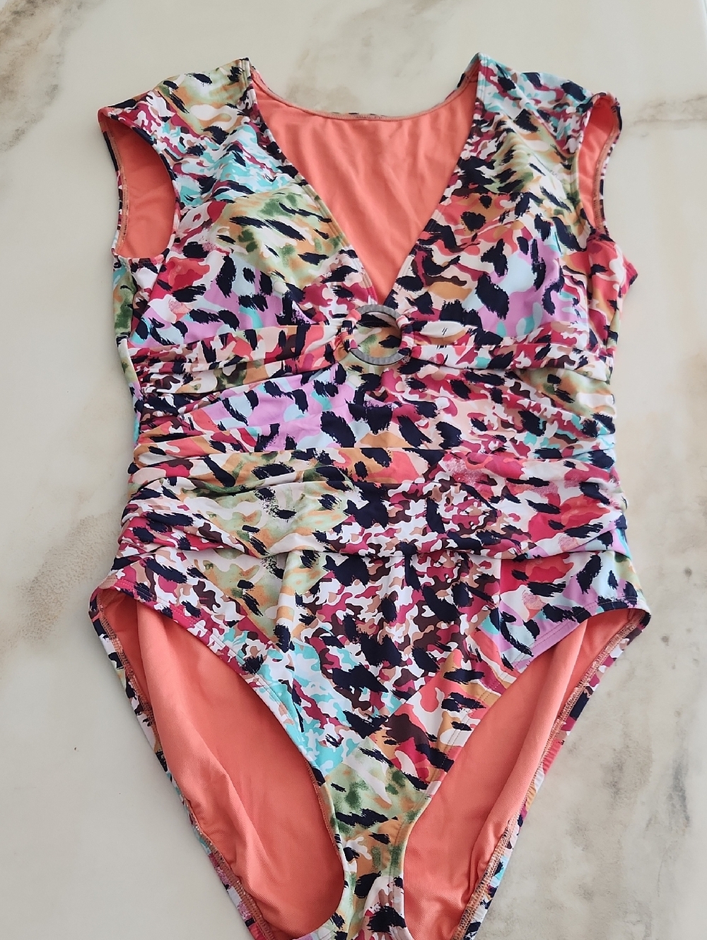 Bleu Rod Beattie Multicolor V-Neck One-Piece Swimsuit with Ring Detail